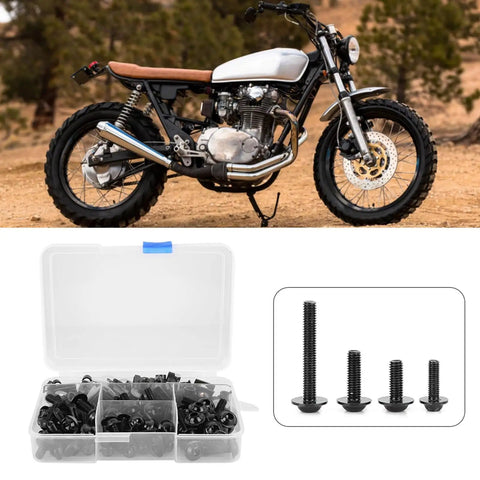Aluminum Motorcycle Screw Kit 177 Piece Set M5 M6 Fairing Fasteners with black screws next to a sportbike