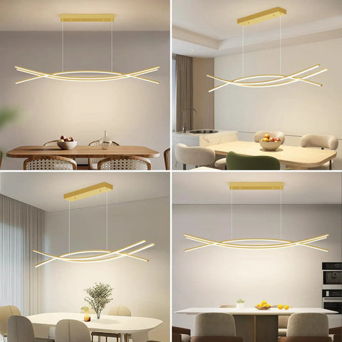 Lit Lightning Shaped LED Chandelier Pendant Light With Remote Control Adjustable 3000K To 6500K Color Temperature 47 Inch Aluminum Island Lighting Fixture hanging over dining tables in various room settings