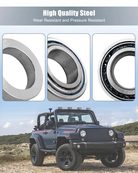 Close-up of rear axle bearing and seal components for Jeep Wrangler JK/JKU 2007-2017, shown with Jeep in off-road setting.