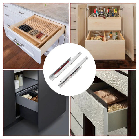 Frameless 20 Inch Soft Close Bottom Mount Drawer Slides Beefy Full Extension Ball Bearing Hidden Undermount Runners shown in drawer applications.