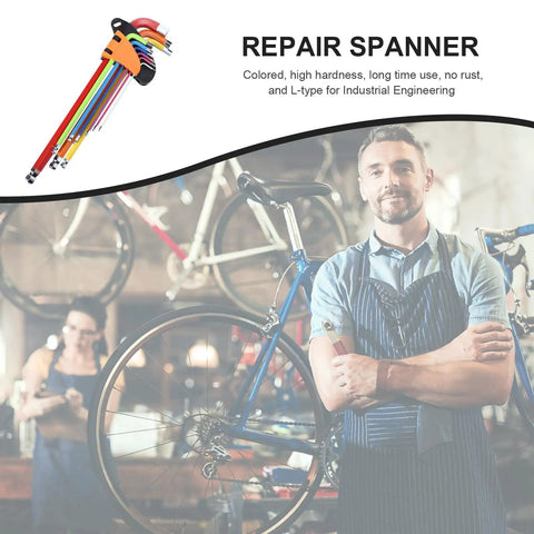 Awesome 9pc Colored L Shaped Hex Key Wrench Set With Long Arm Ball End Design, 9-piece steel repair spanner set in a bike shop