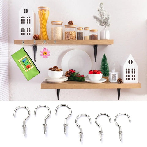 Heavy Duty Bulk Pack Of One Hundred Rock Solid Steel Eye Screw Ceiling Hooks For Indoor Outdoor Wall Hanging Art Decor And Keys Top Notch Build No Sweat Install displayed with kitchen decor and crafts.