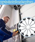 Super Quiet Nylon Garage Door Rollers 24 Pack With 6200Z Bearings shown with technician installing garage hardware