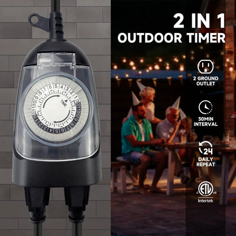 All Season Heavy Duty Outdoor Timer With Six Foot Cord 24 Hour Mechanical Settings, dual outlet timer with 30 min intervals.