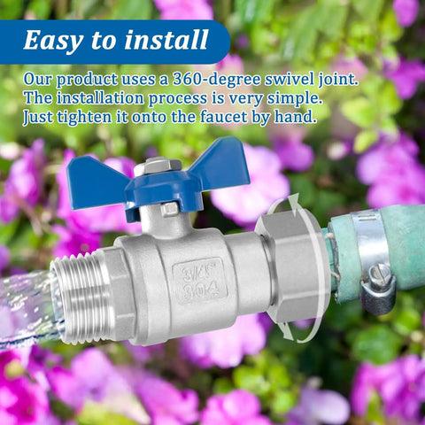 Heavy Duty Garden Hose Shut Off Valve Set 2 Pack 3/4 Inch GHT Full Flow Ball Valve With 360 Degree Rotatable Connector Solid Stainless Steel Easy Shutoff Leak Free Water Control, installed on hose