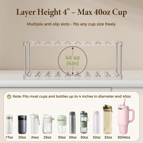 Stackable Water Bottle Organizer Rack for Cabinet Storage with anti-slip grooves fits up to 40oz cups, 4-inch layer height