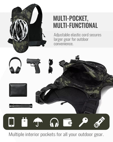 Hands Free Tactical Chest Pack for Men Lightweight Hydration Bag With Gear Holder Reflective Outdoor Chest Pack, multi-pocket display