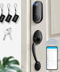 Smart Front Door Lock Set With Fingerprint Keyless Entry, Auto Locking And One Touch Lock visible on a white door with app and keys