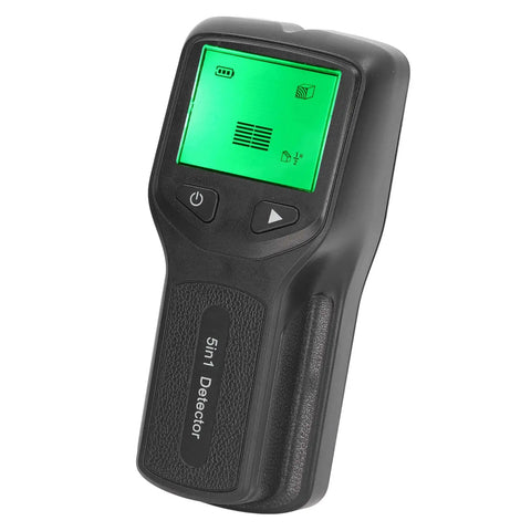 EVGATSAUTO 5 in 1 Stud Finder Wall Scanner Electronic Wood Metal Stud Detector with LCD Display and Audio Alarm for AC Wire Pipe Joist Beam Detection (Black) with green screen.
