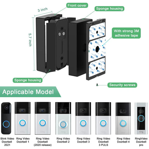 Adhesive Door Mount for Blink Video Doorbell No Drill Mounting Bracket With 360 Degree Coverage Protection Hidden Security Screw Keeps Your Doorbell Safe and Secure Works With Blink and Other Compatible Models, shown with dimensions and adhesive strips.