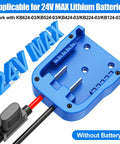 24V Max Battery Adapter with Fuse Protected 14 Gauge Wiring for Power Wheels shown close-up, blue color, compatible models listed.
