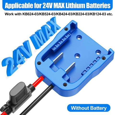 24V Max Battery Adapter with Fuse Protected 14 Gauge Wiring for Power Wheels shown close-up, blue color, compatible models listed.