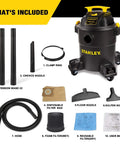 Beast Mode Wet Dry Vacuum With 6 Gallon Tank And 4 HP Power For Quick Cleanups, shown with all included attachments and manual.