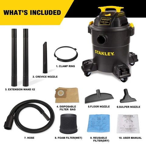 Beast Mode Wet Dry Vacuum With 6 Gallon Tank And 4 HP Power For Quick Cleanups, shown with all included attachments and manual.