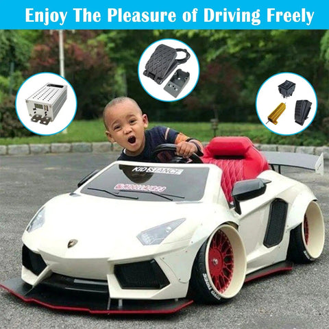 Child enjoying a ride in a toy car with Soft Start Soft Stop DC Motor Speed Controller Kit With Variable Pedal Braking Resistor And Fuse For Power Wheels Upgrades And Ride On Toys PWM 2 0B Compatible Module Plug And Play, shown with components.
