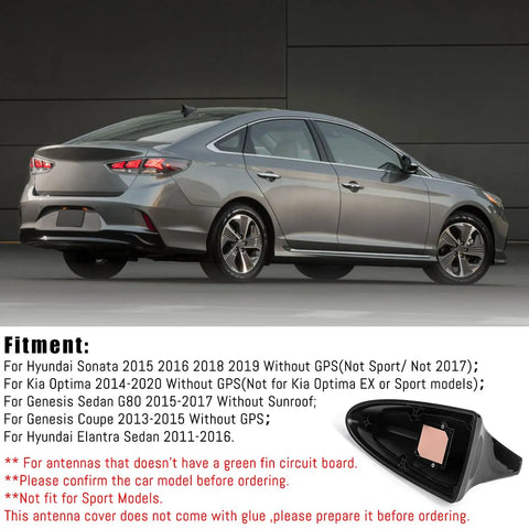 Shark Fin Antenna Cover Dope Fit For Hyundai Sonata 2016-2019 in glossy black displayed next to a parked gray sedan.