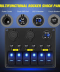Six Gang Rocker Switch Panel With 12V Voltmeter And Dual USB Charger Cigarette Lighter Socket Six Circuit Breakers LED Meter Overload Protection Great For RV Truck Boat Two Year Warranty, black panel front view