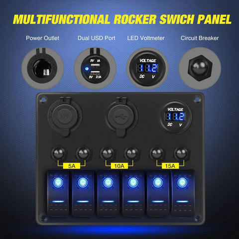 Six Gang Rocker Switch Panel With 12V Voltmeter And Dual USB Charger Cigarette Lighter Socket Six Circuit Breakers LED Meter Overload Protection Great For RV Truck Boat Two Year Warranty, black panel front view