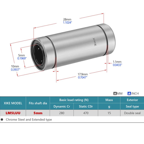 Plug And Play Hella Smooth LM5LUU Sealed Lengthened Linear Ball Bearing Pair For CNC Rigs And 3D Printers with dimensions and chrome steel finish.