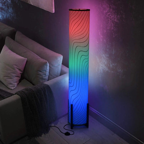 Color Changing RGB Floor Lamp With Remote Control 61 Inch Standing Corner Lamp With Fabric Shade in living room setting