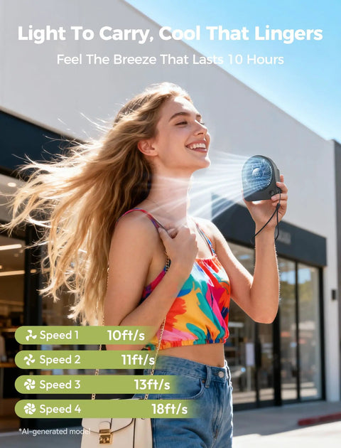 Woman using Tiny USB Desk Fan You Can Take Anywhere With Quiet 4 Speed Rechargeable Battery Powered Personal Fan For Home Office Travel And Gifts In Black Built For All Day Use With Quiet Operation And Compact Power outdoors.