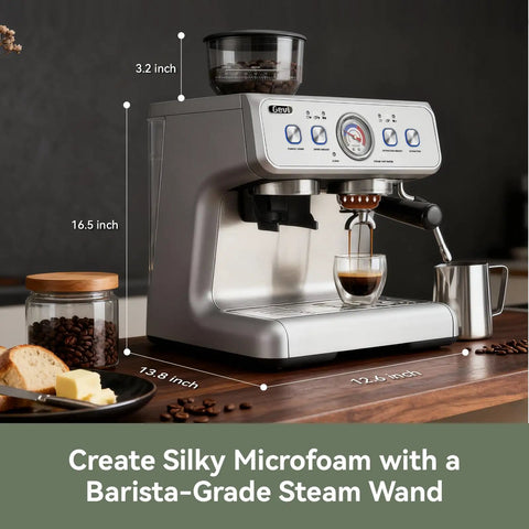 Pro Level Dual Boiler Espresso Machine With Slick Integrated Grinder And Reliable 58mm Portafilter For Steady Extraction Pressure and sleek design measuring 16.5 x 12.6 inches.