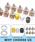 WH148 Dual Linear Rotary Taper Potentiometer Kit With Knobs 50 Pcs Including 1K 5K 10K 50K 100K 250K 500K 1M Ohm, 6 Pins Split Shaft