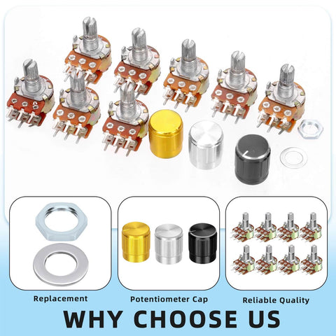 WH148 Dual Linear Rotary Taper Potentiometer Kit With Knobs 50 Pcs Including 1K 5K 10K 50K 100K 250K 500K 1M Ohm, 6 Pins Split Shaft