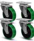 Heavy Duty Smooth Rolling Casters Set Of 4, 4 Inch Polyurethane On Cast Iron Wheels With Double Ball Bearings and 1.25 Inch Stem visible in green color.
