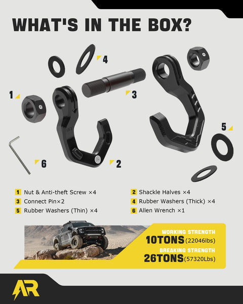 Three Quarter Inch D Ring Shackles with Seven Eighths Inch Quick Connect Pins, components and parts in packaging