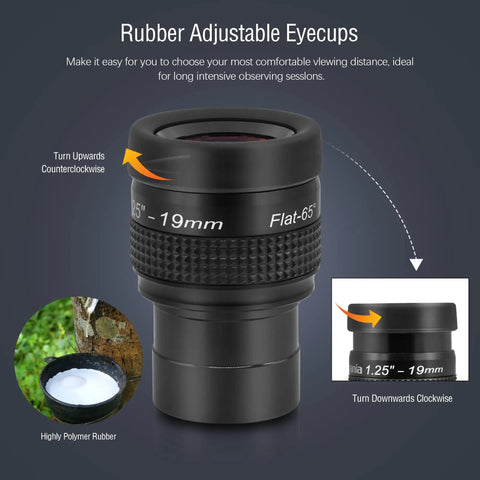 Flat Field 19mm Eyepiece For Telescopes 1.25 Inch Fully Multicoated 65 Degree Ultra Wide Angle Accessory with rubber eyecups.