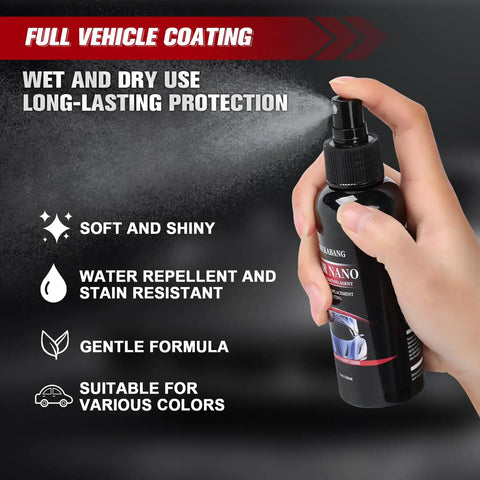 Hand holding spray bottle of Car Nano Paint Coating Kit 120ml Plus 100ml Water Displacement Scratch Repair Spray Nano Ceramic Coating