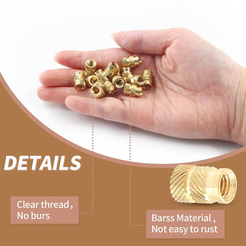Person holding M5 Brass Heat Set Threaded Inserts Kit For Plastic 3D Printing, knurled insert nuts, durable brass construction.