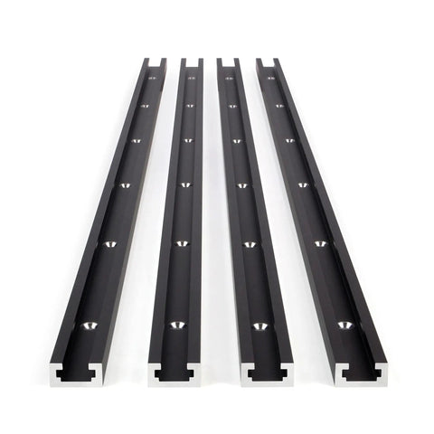 Four anodized aluminum tracks from 12 Inch T Track Kit 40 Pack For Woodworking with Double Cut Universal T Tracks Predrilled Mounting Holes