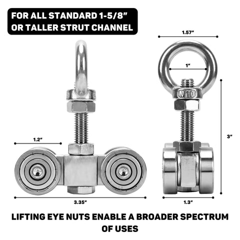 Beefy Heavy Duty 4 Wheels Trolley Roller Set For One Five Eighths Inch Wide Unistrut Channel Fits Taller Profiles Steel