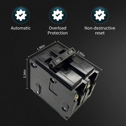 15 Amp 2 Pole Plug In Circuit Breaker 10 Ka Breaking Capacity 120 240 Volt Thermal Magnetic Trip dual pole close-up view with dimensions