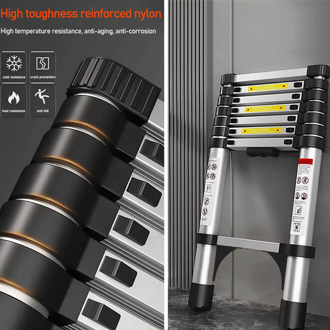Telescoping Aluminum Ladder 12.5 Feet With Non Slip Feet Portable Collapsible Extension Ladder For Home Roof Loft RV Use EN131 Certified 330 Pound Weight Capacity, folded compactly against wall.