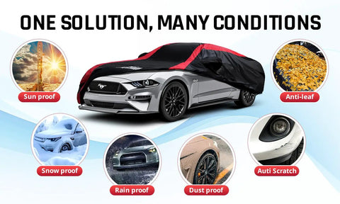 Ford Weatherproof Car Cover For All Weather Use With Red Stripe Design, Custom Fit For 1994 To 2025 Ford Models, shown protecting a car.