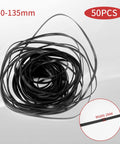Cassette Tape Drive Belts 4mm Wide 40 To 135mm Lengths 50 Pack Flat Rubber Belts Replacement For Cassette Players Durable Wear Resistant With Vibration Dampening And Quiet Operation. Displayed as coiled rubber belts with dimensions labeled, for cassette players.
