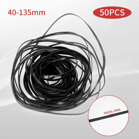 Cassette Tape Drive Belts 4mm Wide 40 To 135mm Lengths 50 Pack Flat Rubber Belts Replacement For Cassette Players Durable Wear Resistant With Vibration Dampening And Quiet Operation. Displayed as coiled rubber belts with dimensions labeled, for cassette players.