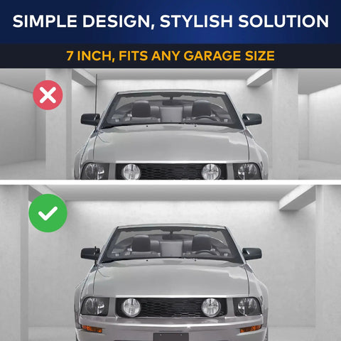 Comparison of a Ford Mustang with and without Ford Mustang External Antenna Mast 7 Black Car Antenna Replacement For 1979-2009 FM AM Radio Compatible All Weather Exterior Accessory For Cars Trucks And SUVs in a garage