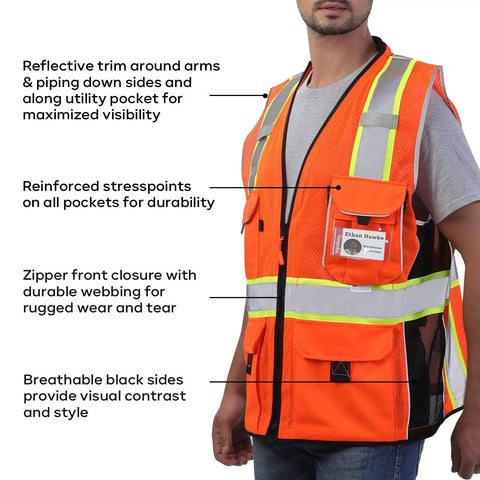 Heavy Duty Ansi Reflective Safety Vest In Bright Orange Mesh With Multi Function Pockets And 3M Retroreflective Tape Delivering Deadly Night Shift Visibility For Daily Grind, featuring reinforced stresspoints and zipper closure.