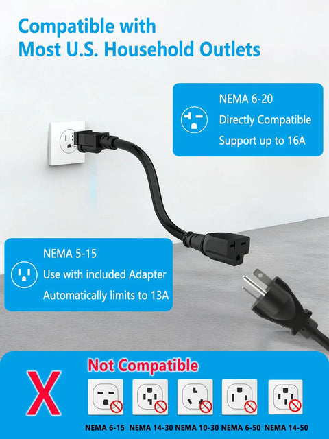 Level 1 And 2 Portable Electric Car Charger With 8 To 16 Amp Current And Smart Timer, 17 Foot SAE J1772 Cable showing NEMA 5-15 and 6-20 plug compatibility.