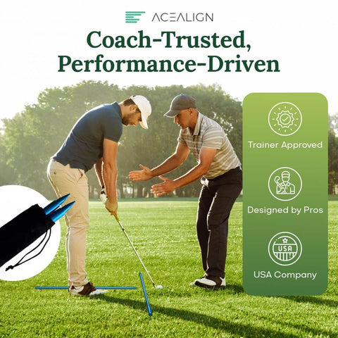 Coach assisting golfer on range using 2 Pack Golf Alignment Sticks For Swing Training And Setup, Durable Telescopic Alignment Rods.