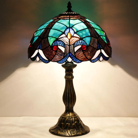Green Tiffany Style Stained Glass Table Lamp 12 Inch Shade 18 Inch Tall Reading Desk Light Brings Cozy Vibe To Bedroom Or Living Room Nightstand Decor UL Listed With On Off Cord Switch