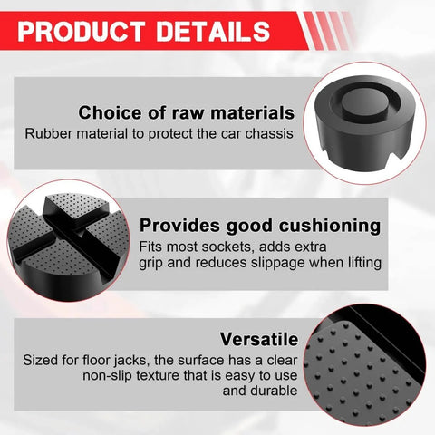 Durable Rubber Floor Jack Pad with Universal Fit, Anti Slip Cross Grooved Protector details showing materials and uses
