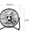20 Inch High Velocity Floor Fan 4600 CFM Three Speed Heavy Duty Metal Fan front view with size dimensions shown