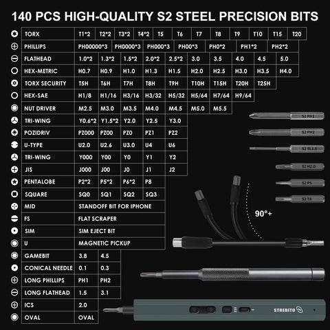 Boss Level Electric Screwdriver Tool Kit With 155 Precision Bits For Quick Fixes And Reliable Performance Featuring Variable Torque Settings And Compact Ergonomic Handle For Any Project, showing various precision bits layout.