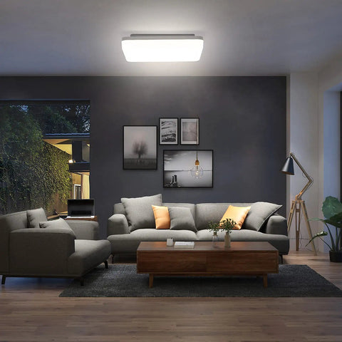 Living room with RGB Ceiling Light With Remote Control 13 Inch 36W Dimmable Flush Mount Fixture illuminating modern decor.