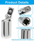 Universal Joint Socket Set 3-Piece For 1/4 In, 3/8 In, And 1/2 In Drives, Built Tough With Chrome Vanadium Steel, Rust-Resistant Finish, Spring-Loaded Locking Ball, Smooth Swivel Action For Hard-To-Reach Angles And Quick Reliable Access. chrome vanadium steel universal joint socket with spring ball and anti-detachment slot